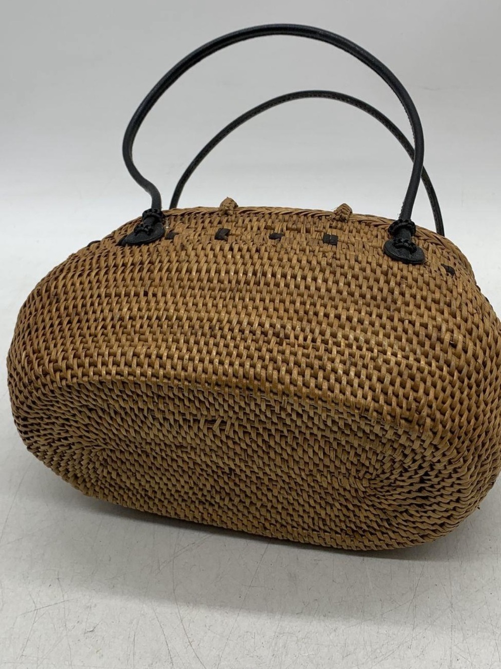 Vintage Rattan Woven Boho Handbag Brown Basket Purse Blue Batik Lining - Picture 8 of 8
